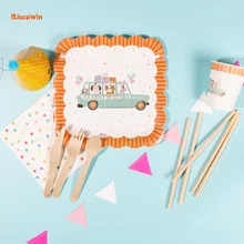 RiscaWin Cartoon Car Disposable Tableware Party Plates Cups Paper Straws Kids Birthday Party Favors Cake Dishes Baby Shower