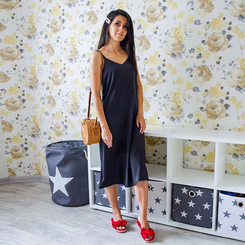 Online Vestido de verano negro con tiras finas para mujer vestido de verano de calidad coreana con cuello en V elegante vestido Sexy para mujer Vintage suelto Midi