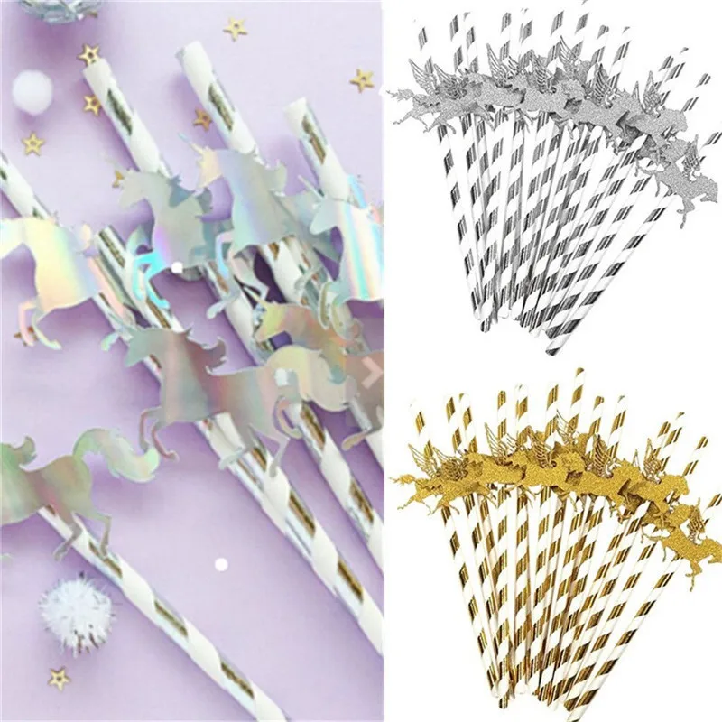 

25Pcs Gold Silver Paper Straw With Gold Glitter Unicorn For Kids Birthday Party Decoration Unicorn Party Favors Baby Shower Girl