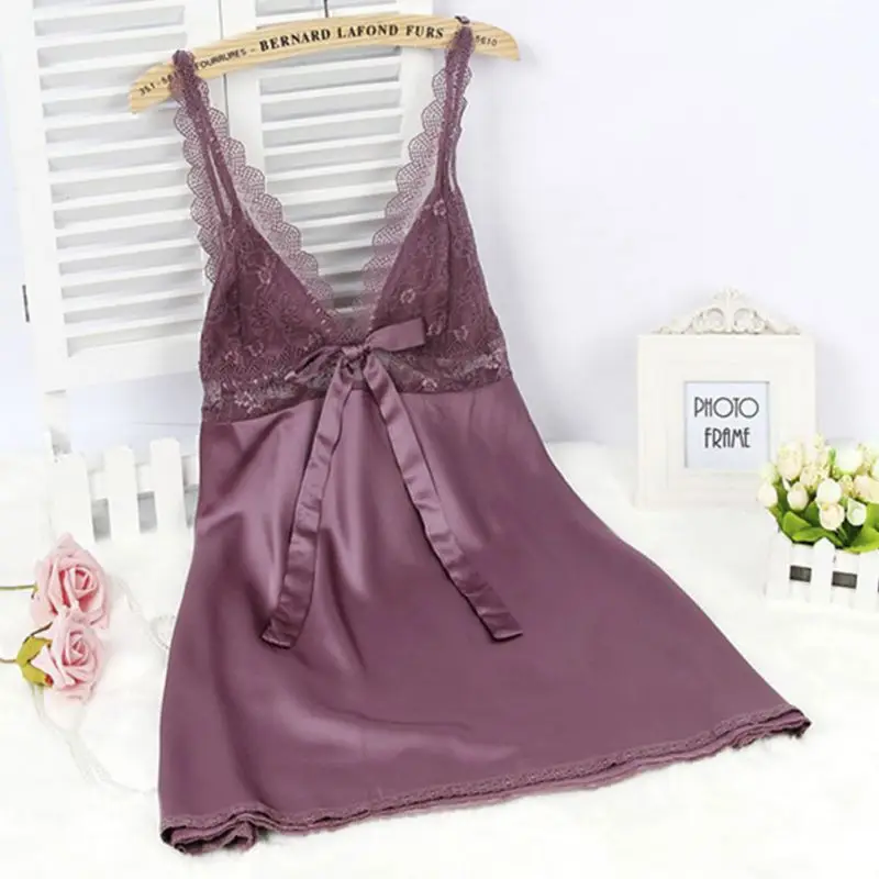 

Women Nightgown Dress Ladies Satin Faux Silk Lace Robe Sleepshirt Speepwear