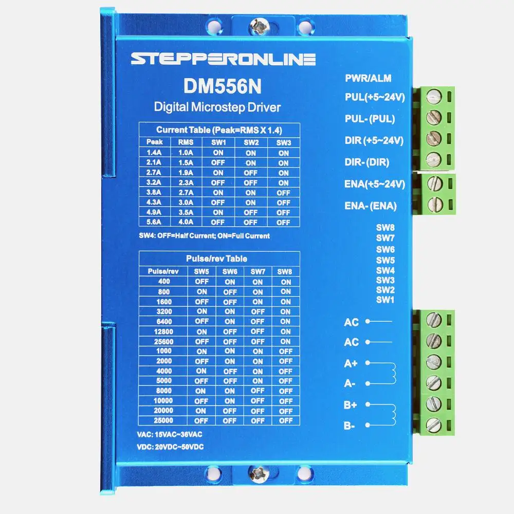 

Digital Stepper Driver Low Noise Control Signal Voltage 5-24V Current 1.4-5.6A 15-36VAC/20-50VDC for Nema 17,23,24 Stepper Motor