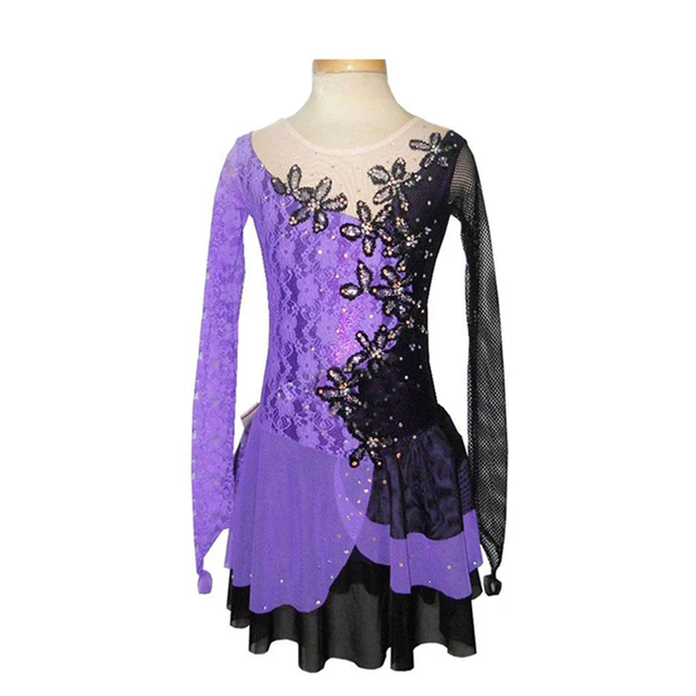 Best price at $147 Cheap Customized Costume Ice Skating Figure Skating Dress Gymnastics Adult Child Girl Skirt Competition Purple Black Lace Rhinestone