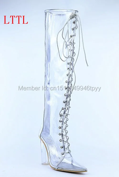 Г. Дизайнерские женские сапоги до колена из ПВХ на шнуровке прозрачные сапоги Острый носок, каблук из плексигласа, женские непромокаемые сапоги