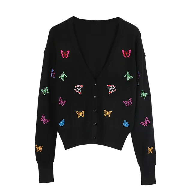 Makuluya Sweet Fashion Butterfly Embroidery V neck Vintage Cute Knitted