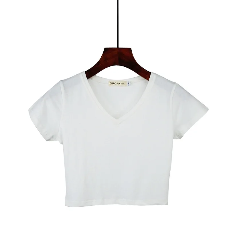 Летняя Повседневная Корейская однотонная короткая женская футболка с v-образным вырезом, футболка с коротким рукавом, хлопковая тонкая женская рубашка с высокой талией, camiseta mujer - Цвет: Белый