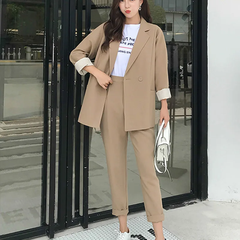 

Office Lady Women 2 Pieces Sets Notched Collar Blazer Jacket Pencil Pants Suit 2019 Spring Autumn Khaki Solid Casual Female Set