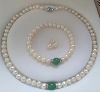 

Selling Jewelry>>>Natural White Akoya Cultured Pearl &Green Bracelet Necklace Earrings set