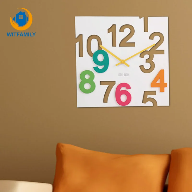

Colored square Hanging Wall Clock Living Room Bell Hollowed Plastic Figure Simple Clock Surface Personality of home decorate