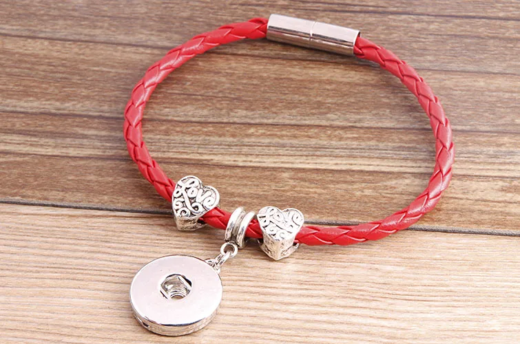 

New 8 kinds Simple Red Leather snap bracelets Bangles length 20CM 3 cycles fit 18MM snap buttons jewelry SE0156
