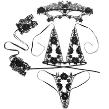 Комплект из 4 предметов, женское сексуальное нижнее белье, черный бюстгальтер, открытая промежность, кружевное, сексуальное прозрачное платье, эротические костюмы, Nuisette