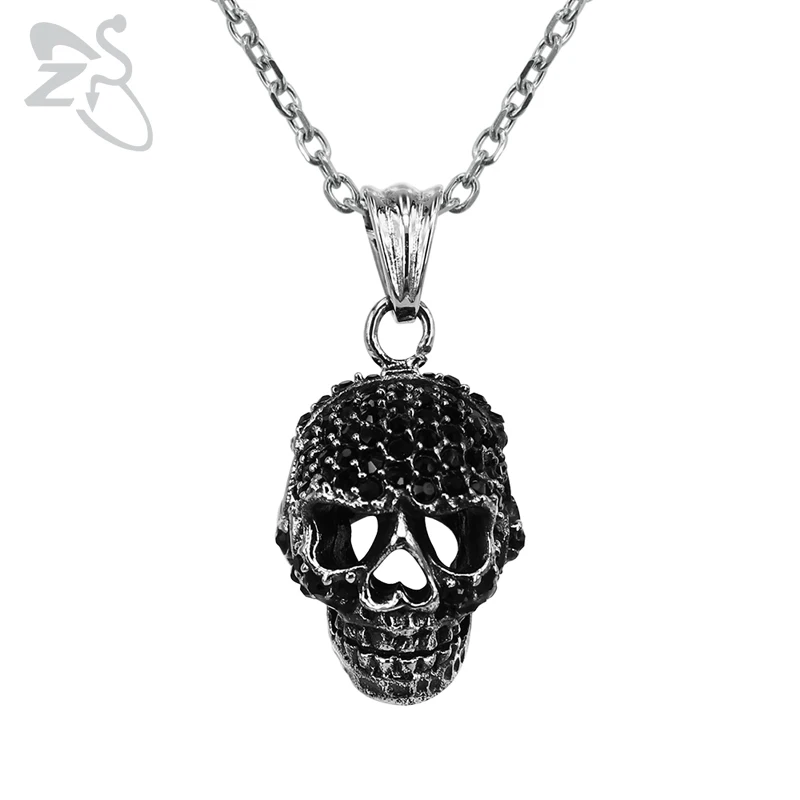 

ZS Punk Style Skull Pendant Necklace 316L Stainless Steel Jewelry for Men Vintage Hip Hop Black Stone Goth Long chain Necklaces