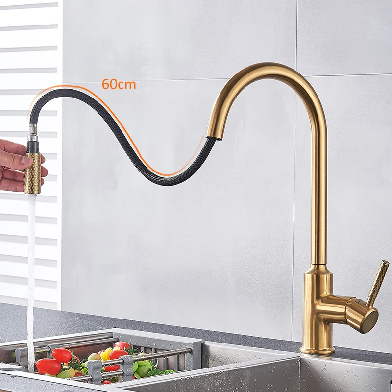  Quyanre Pull Out Kitchen Faucet Brushed Bronze Gold Kitchen Sink Water Tap 360 Rotation Kitchen Mix - 33030586839