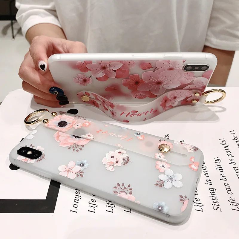 SoCouple Wrist Strap Phone Case For iphone X Case For iphone Xs max XR 6 6s 7 8 plus Flower Pattern Soft Silicone Hand Band Case (2)