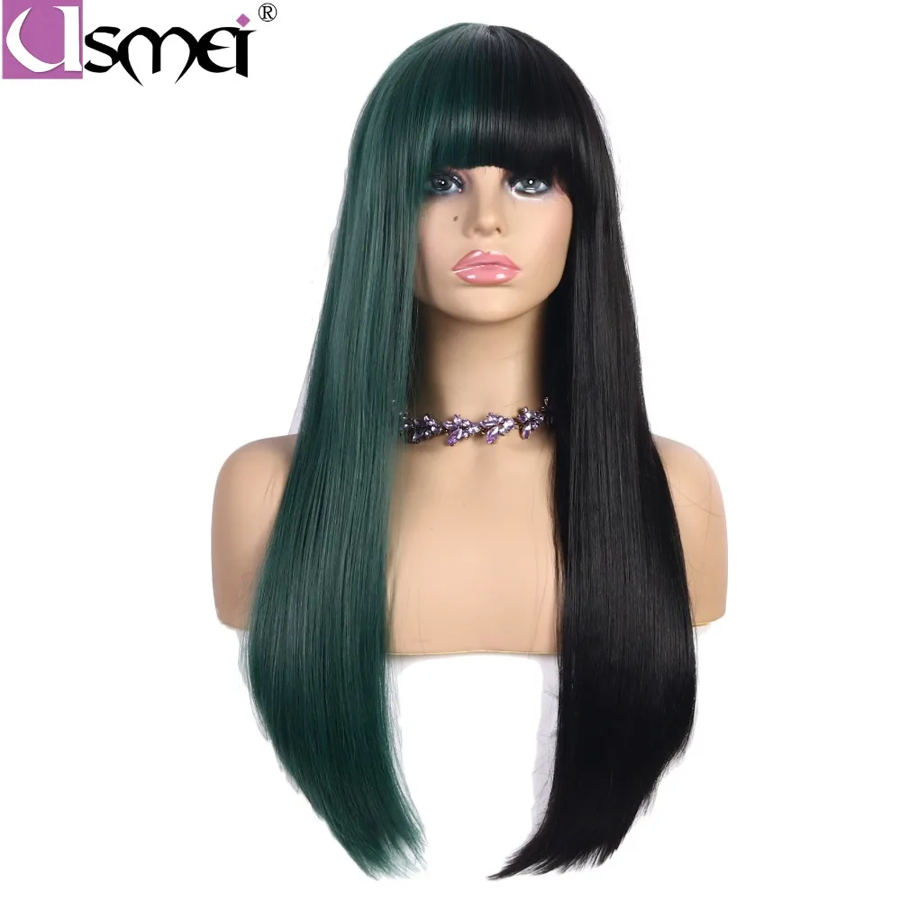 

USMEI long straight synthetic wigs for women cosplay wig half black and half green color with bangs heat resistant hairpieces