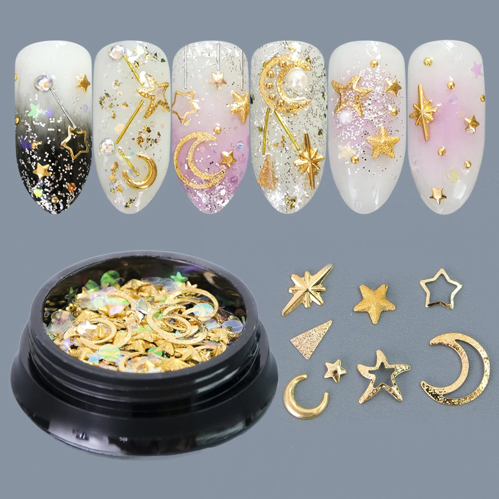 

1 box Multi 3D Gold Silver Design Nail Decorations Mixed Star Moon Metal Slice Rivet Tips for Manicure Charms Rhinestone TR682
