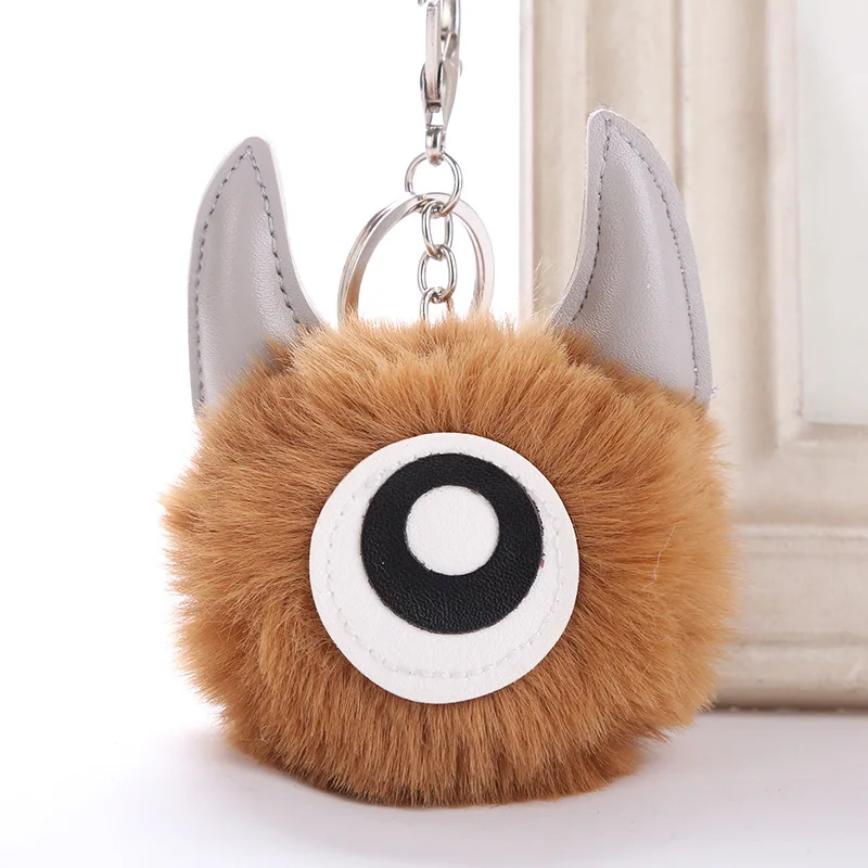 

Ox Horn Big Eye Monster Keychain Pompom Fur Ball Pendants Keyring Handbag Car Key Chain Accessories Jewelry MQ94