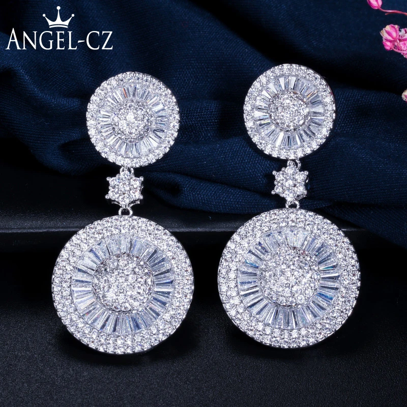 

ANGELCZ Fancy Star Shape Connet Double Round Drop Micro Inlay Full Cubic Zircon Wedding Large Dangling Earrings For Women AE060