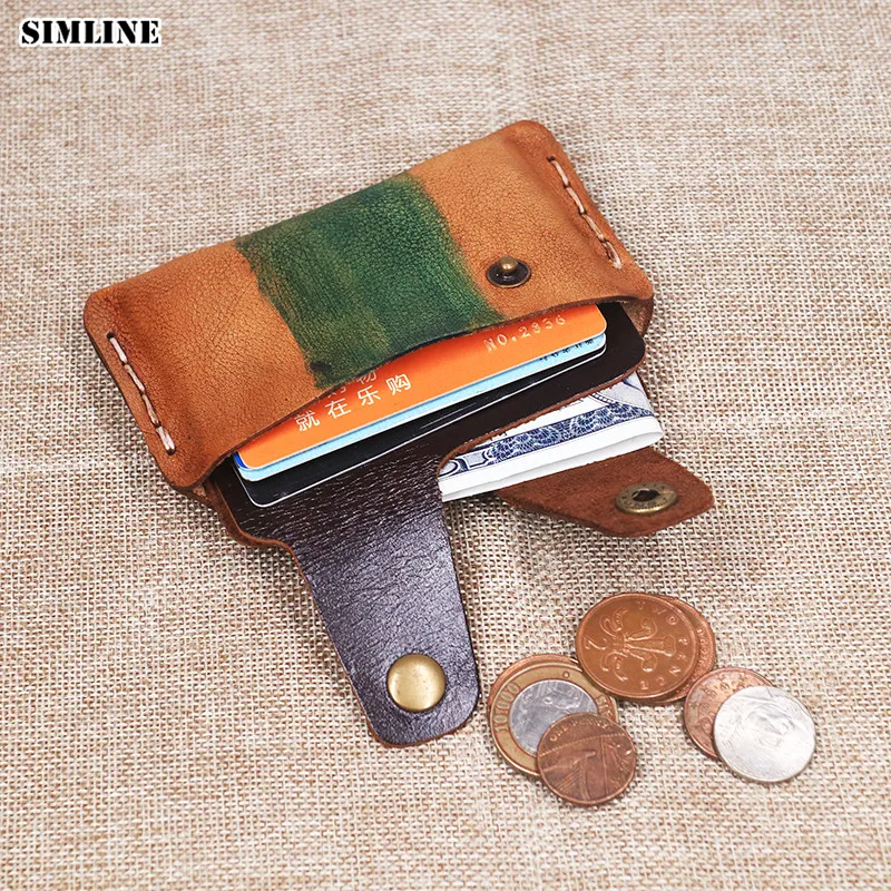 

SIMLINE 2018 Vintage Genuine Leather Men Wallet Women Male Handmade Short Slim Small Wallets Credit Card Holder Coin Purse Bag