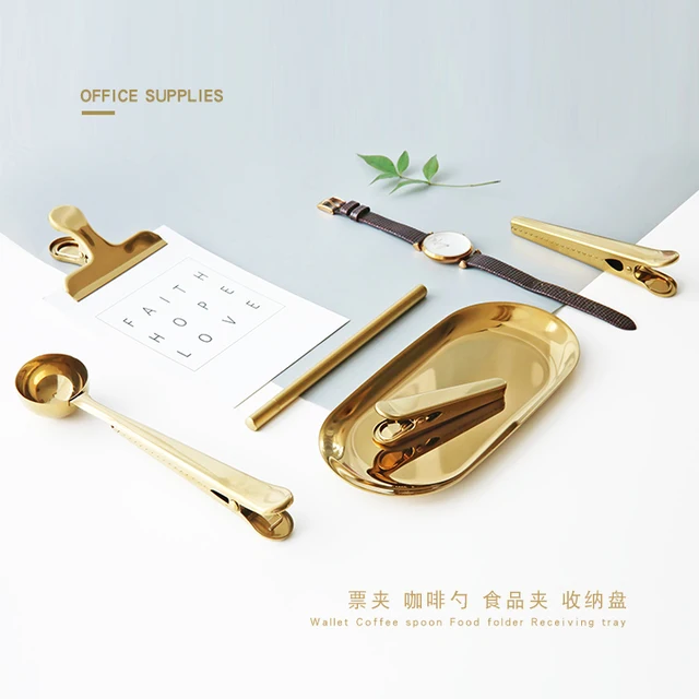 Fromthenon Nordic Style Brass Metal Paper Clips Tray Coffee Spoon Clips