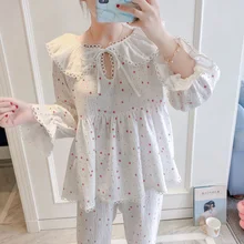 Милые пижамы принцессы в стиле Лолиты; сезон осень; Красивая кружевная пижама с длинными рукавами и брюками в виде листьев лотоса; пижамы в Корейском стиле; MHH NK110