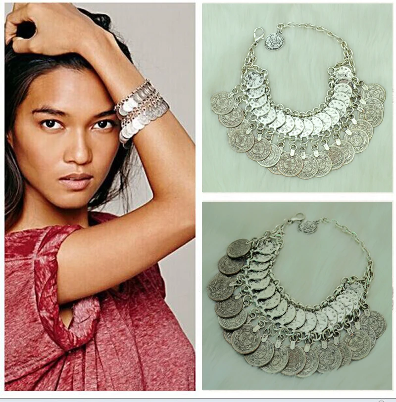 Богемные винтажные монета серебряные браслеты-обручи Цыганская Коачелла фестиваль турецкие ювелирные изделия племенные этнические заявление ножной браслет ювелирные изделия