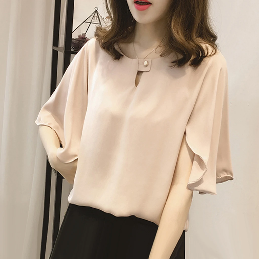 Plus Size Summer Chiffon Blouse Korean Style Women Loose Short Sleeve Shirt Elegant Ladies Solid White Gray Pink Tee Tops Blusas |