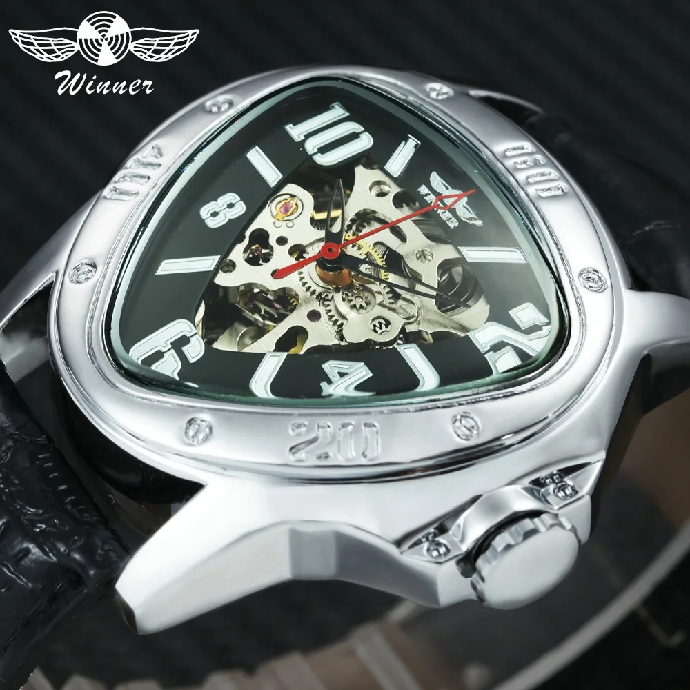 

Top Fashion Men's Mechanical Watches WINNER Brand Triangle Men's Automatic Wrist Watches Genuine Leather Strap Skeleton Clock