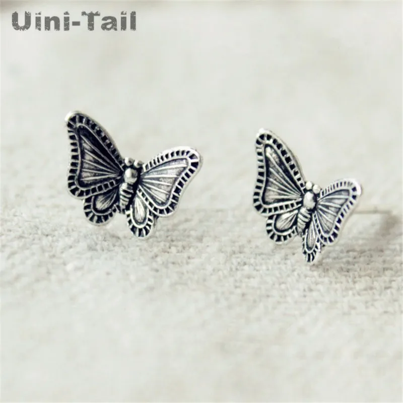 Uini-Tail горячие новые 925 стерлингового серебра милые маленькие бабочки ретро серьги мода прилив поток темперамент серьги ED157