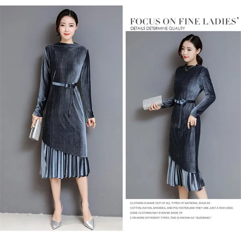 Fashion Autumn Winter Women Dress Elegant Sexy Pleate Female Dress Vintage Long Sleeve Velvet Two-piece suit Dresses vestidos