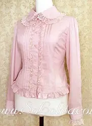 Лолита сладкий розовый Кружево границы плиссированные хлопковая блуза
