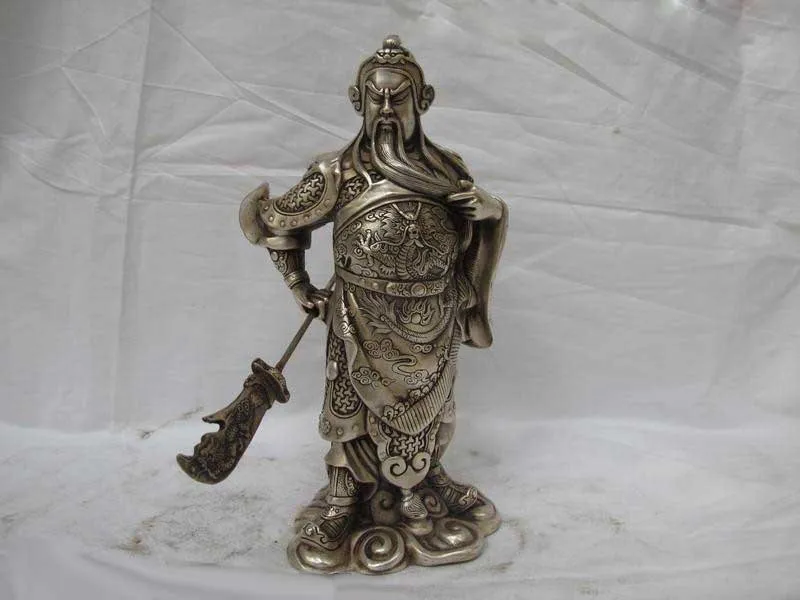 

9.5"Chinese White Copper Silver Dragon Guan Gong Hold Sword warrior Statue FREE Shipping