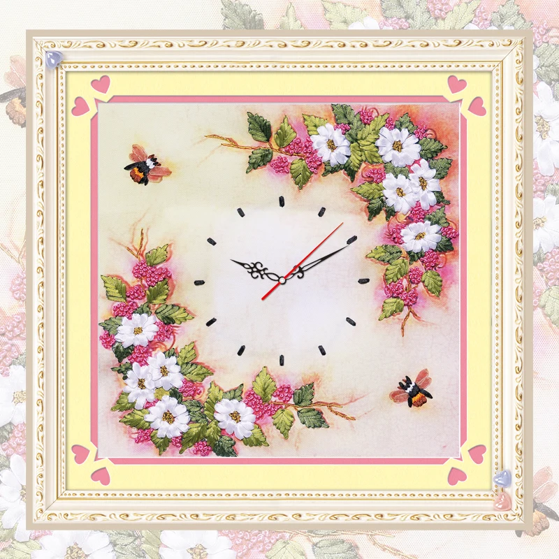 

DIY Ribbons Embroidery Flower Clock Decorative Canvas Painting Colored HD Prints Needlework Cross Stitch Kit Home Decor C-0078