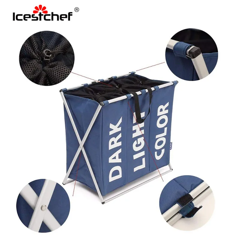 ICESTCHEF 600D أكسفورد القماش الملابس القذرة سلة الغسيل الحمام سلة الغسيل للطي تخزين مقسم حقيبة 3 تقلد