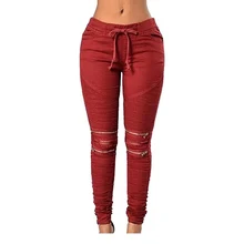 Женская Сексуальность Шнурки Zip Trim Ripped Карандаш Джинсы