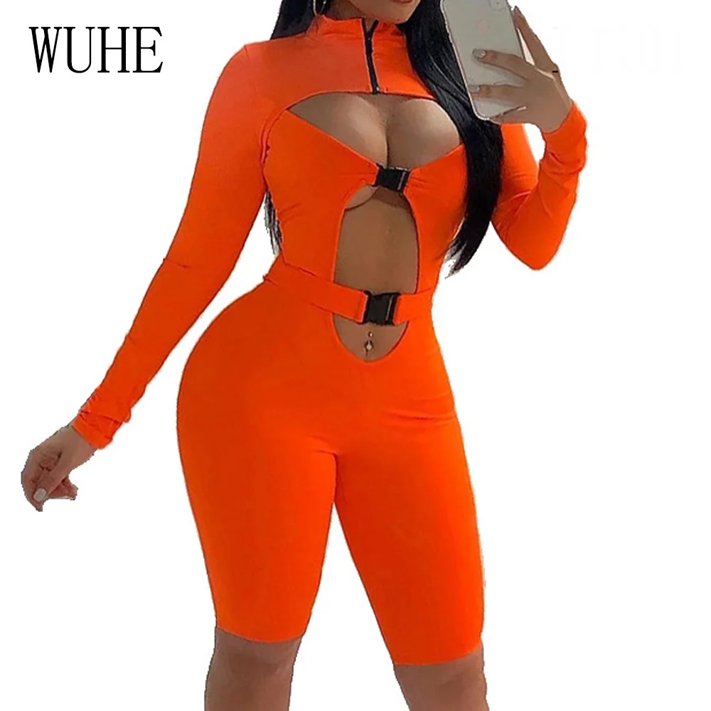 

WUHE Rompers Women Jumpsuits Sexy Irregular Open Chest Buckle Bodycon Playsuits Elegant Long Sleeve Hollow Out Zipper Bodysuits