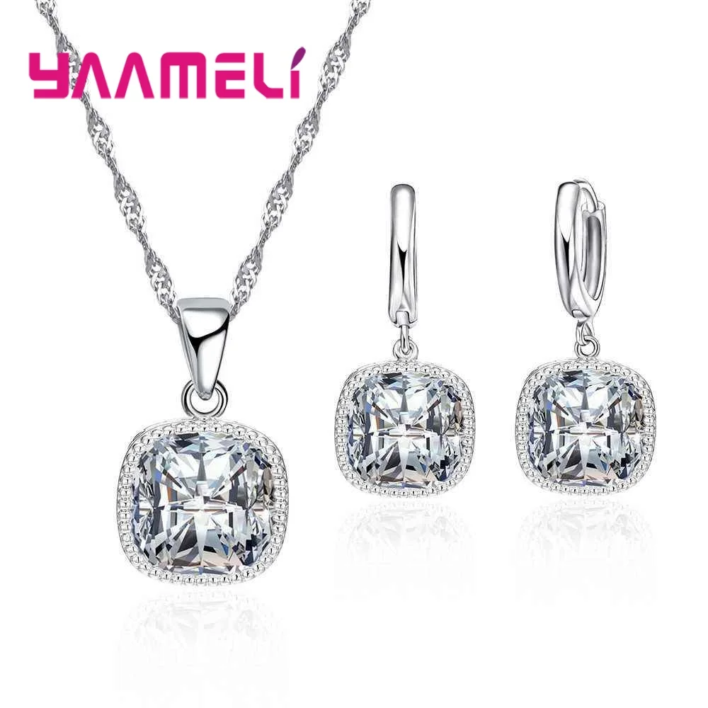 

High-End Stylish Necklace Earrings 925 Sterling Silver Jewelry Set With Simple Square Cubic Zircons For Women Female