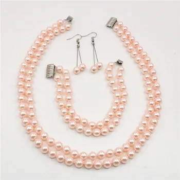 

Jewelry set 2Rows 8mm Pink South Sea Shell Pearl Necklace bracelet Earrings Beads Natural Stone AAA Grade BV92 Wholesale Price