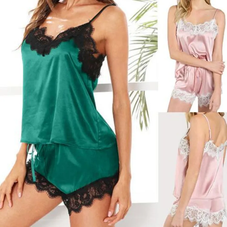 

European and American thin pure color sexy lace lingerie large size pajamas transparent girls summer two-piece set