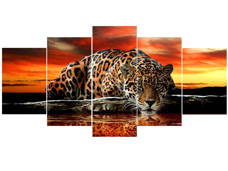 

Full 5D Diy Daimond Painting Cross-stitch Sunset Leopard Multi-picture Combination Round Rhinestone Painting Embroidery Animals