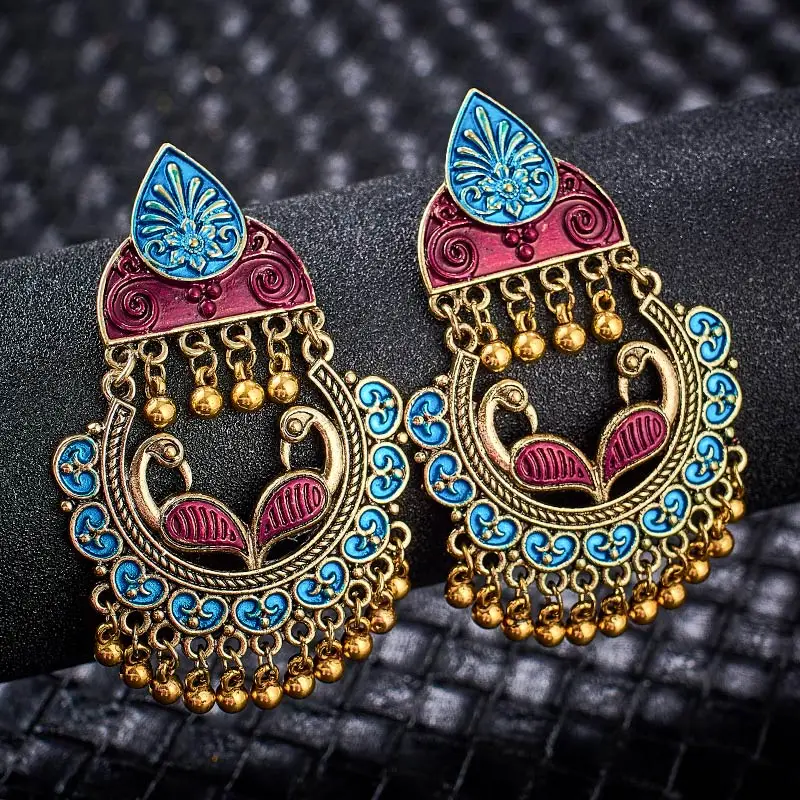 

SHUANGR Gypsy Jewelry Indian Jhumka Long Small Bell Tassel Earrings Antique Ethnic Multi Color Drop Earrings Brincos Jewelry