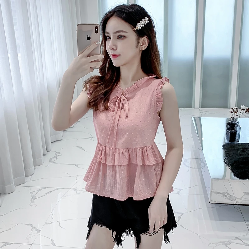 Korean Ruffles Chiffon Shirts Sweet Tops Ruffled Butterfly Sleeve Sleeveless Blouse New Summer Women Blouses Z2026 | Женская одежда