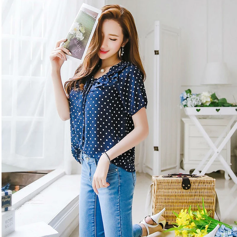 Рубашка женская в горошек шифоновая с коротким рукавом|polka dot chiffon blouse|chiffon blousefeminine