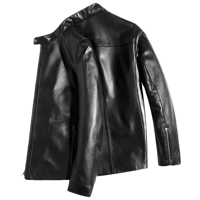 Брендовая Роскошная мотоциклетная Натуральная мужская кожаная куртка большого размера из кожи овчины, байкерская куртка, черные короткие кожаные мото пальто