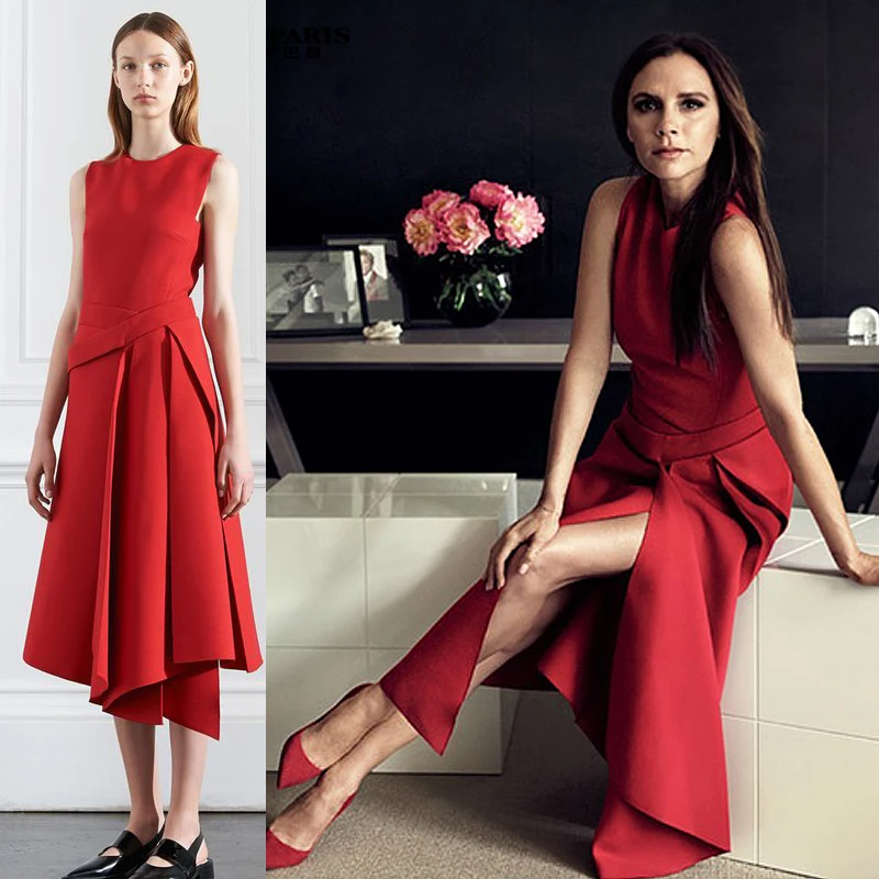 2016 Arrived best quality of Victoria beckham dress solid color black/red sleeveless asmmetrical mid-calf OL office dress 2016 Arrived best quality of Victoria beckham dress solid color black/red sleeveless asmmetrical mid-calf OL office dress