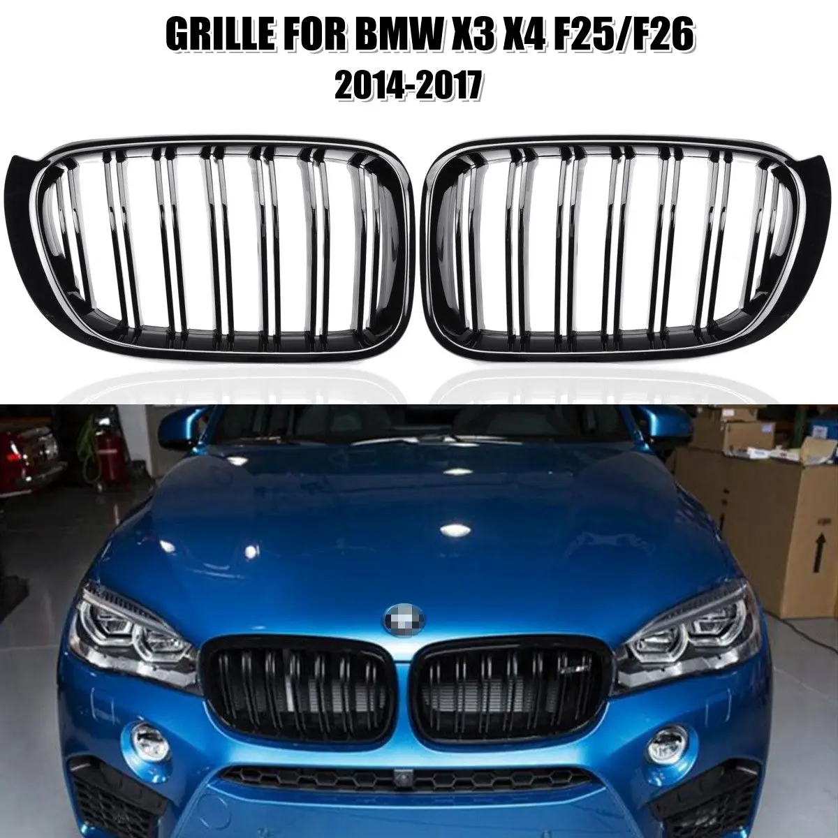 

2Pcs M Style Car Front Kidney Grill Grille Gloss Black for BMW X3 X4 F25/F26 2014 2015 2016 2017