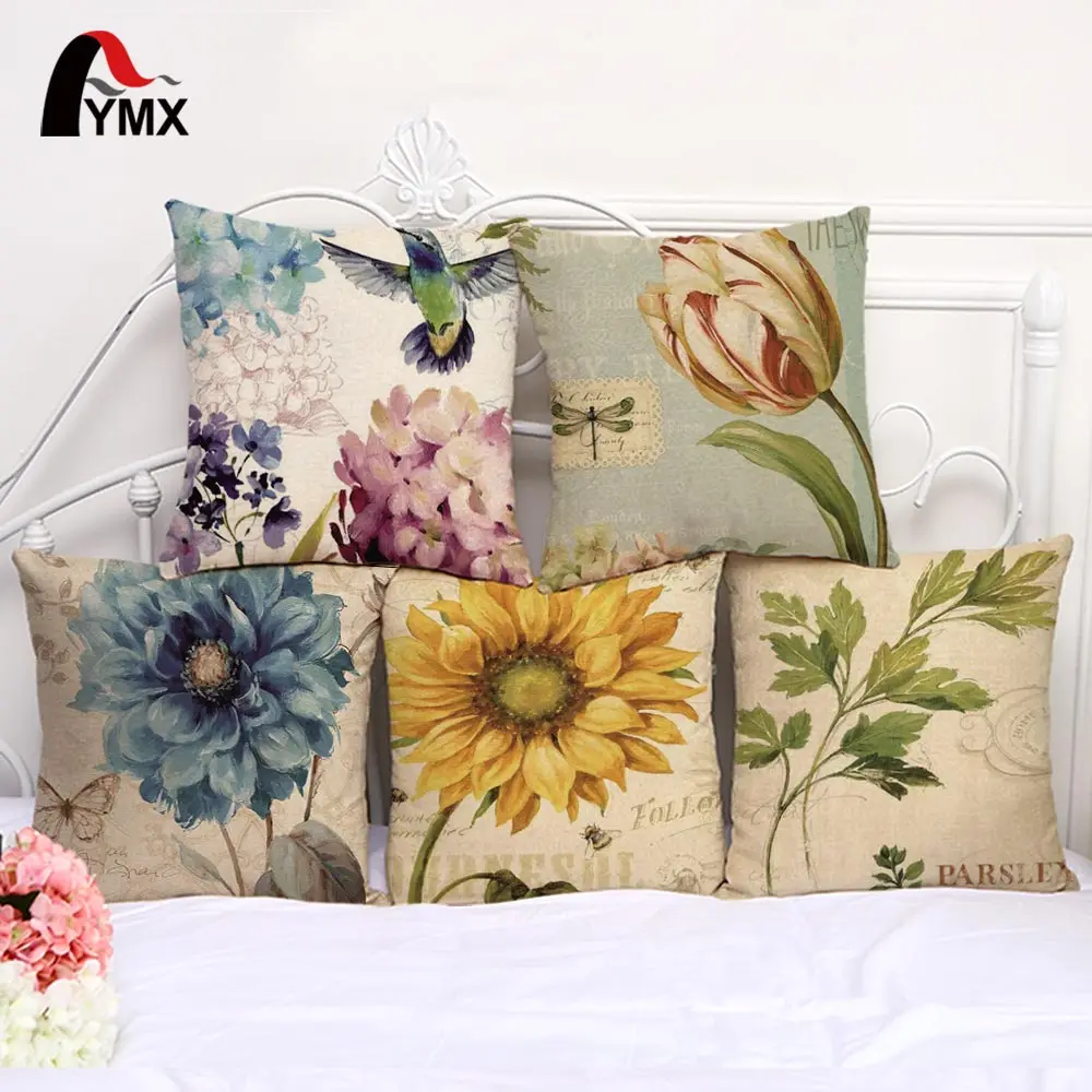 

Retro Sunflower Flower Cotton and Linen Sofa Pillow Car Casees Waist Pad Cover Without Pillow Cushion Cover Wholesale 2017