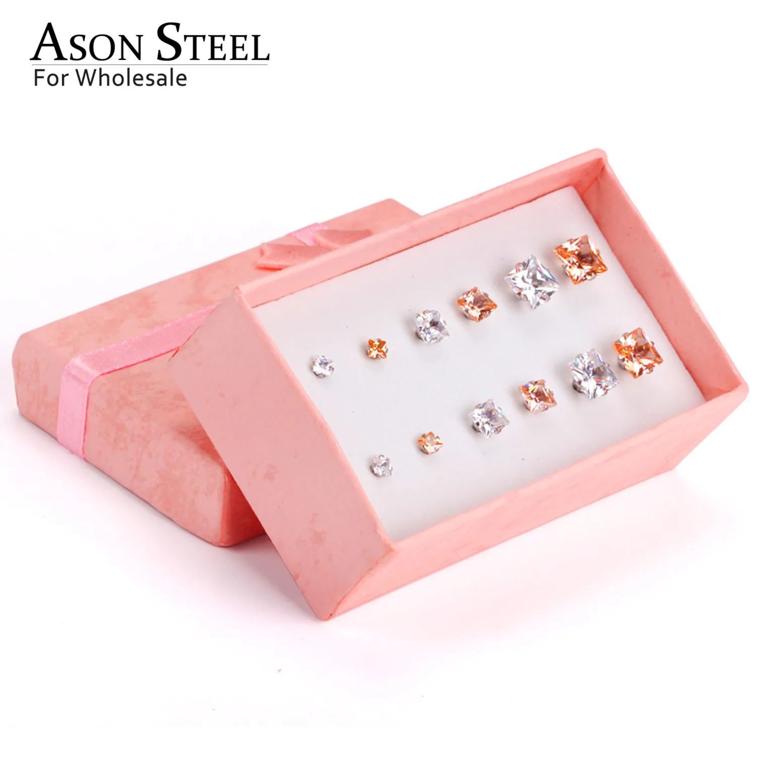 ASON стальные Разноцветные серьги-гвоздики с кубическим цирконием, наборы из нержавеющей стали, антиаллергенные квадратные серьги, аксессуары для детей/девочек, Mujer
