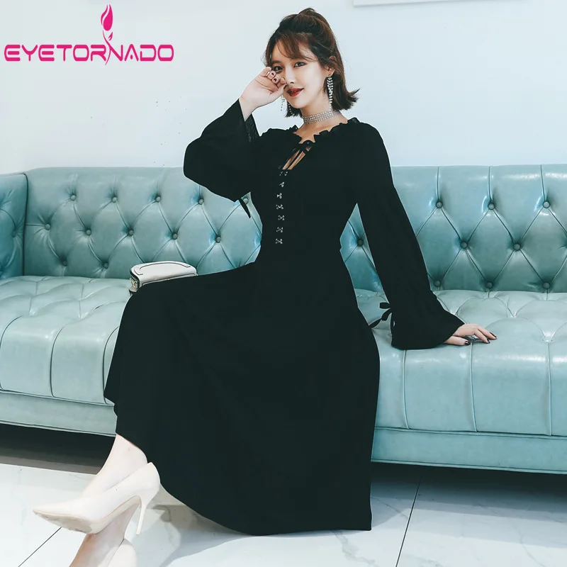 

Women Summer Dress 2019 Flare Sleeve Gothic Midi Dresses Metal Button Decoration Casual Vintage Dress Plus Size L-5XL