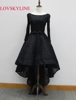 

Vestido Black lace Embroidery A Line Elegant Prom real picture Evening Dress Boat Neck Long Sleeve Lace up Evening Gown