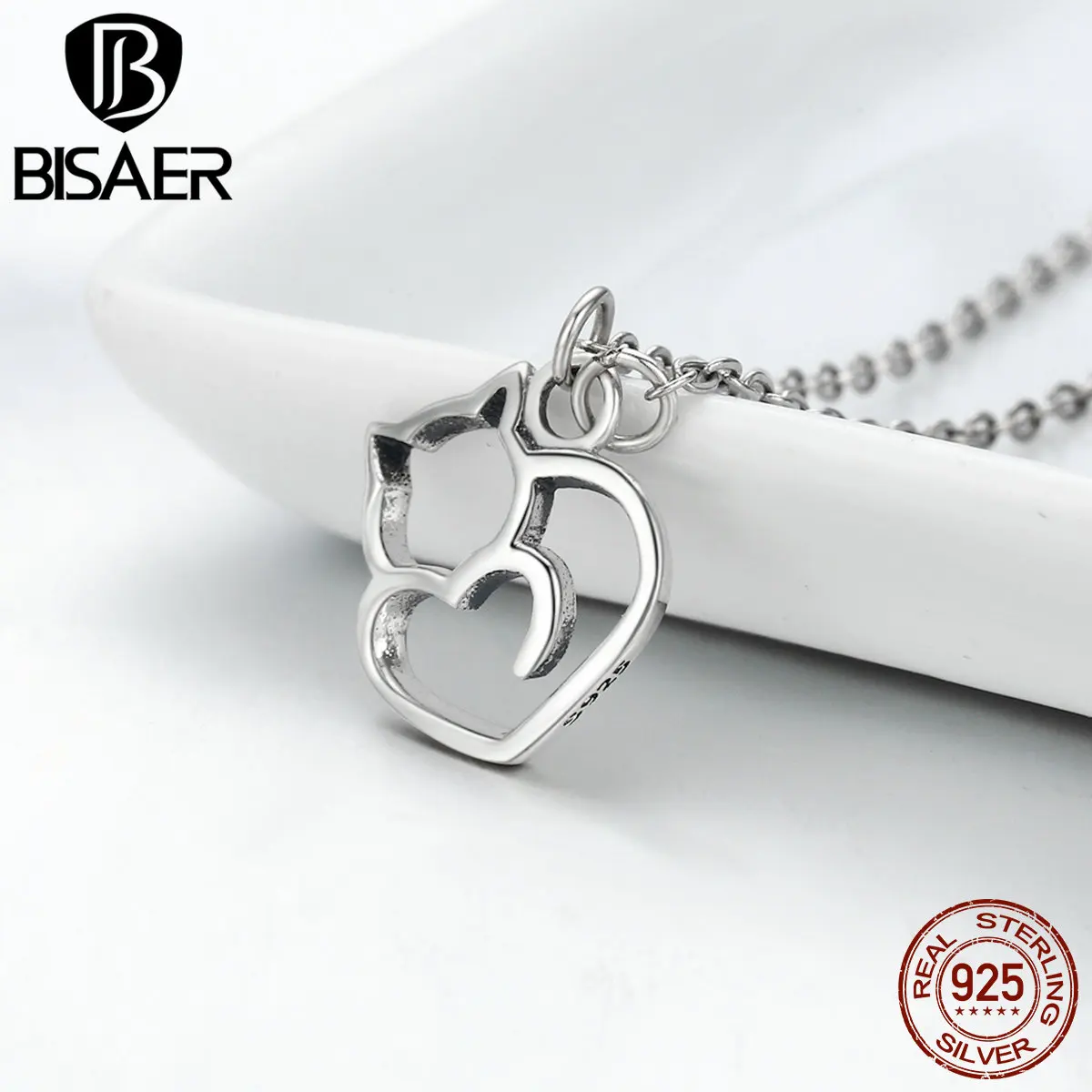 

2019 New Arrival 925 Sterling Silver Cute Animal Necklace Lovely Cat Heart Pendant Necklace for Women Silver Jewelry HSN188